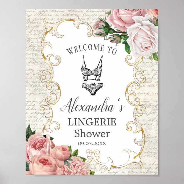 Vintage French Pink Roses Lingerie Shower Welcome  Poster (Front)