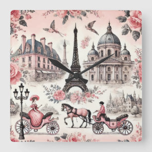Vintage french Pink toile Square Wall Clock