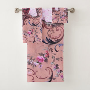 Vintage French Pink Toile Victorian Style Floral Bath Towel Set