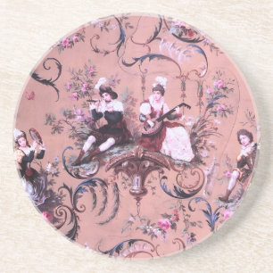 Vintage French Pink Toile Victorian Style Floral Coaster