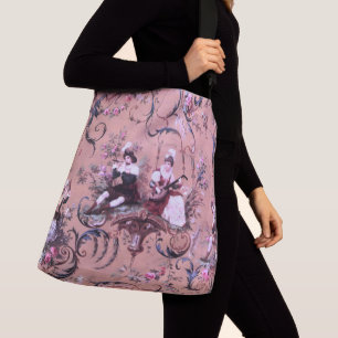 Vintage French Pink Toile Victorian Style Floral Crossbody Bag