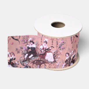 Vintage French Pink Toile Victorian Style Floral Grosgrain Ribbon