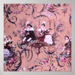 Vintage French Pink Toile Victorian Style Floral Poster