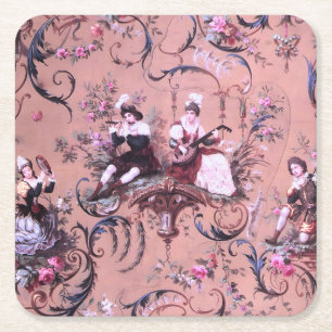 Vintage French Pink Toile Victorian Style Floral Square Paper Coaster