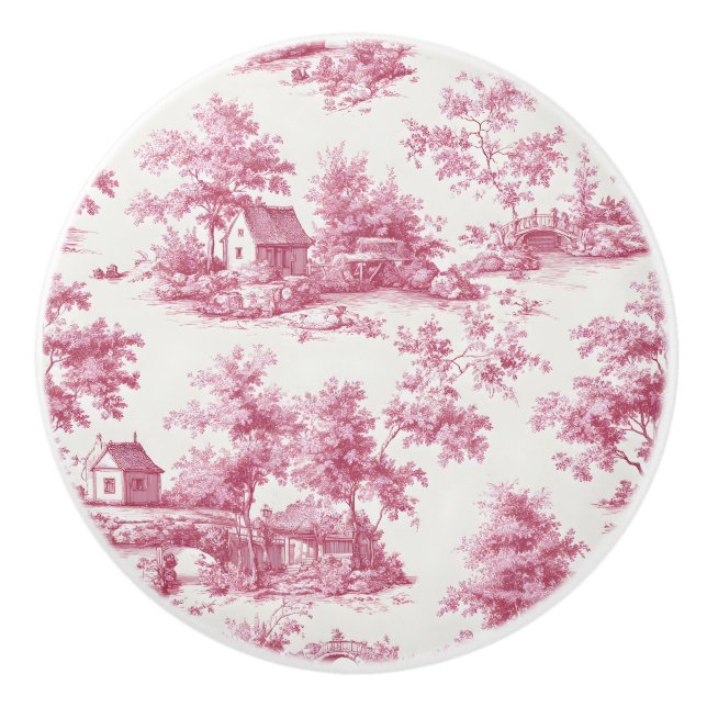 Vintage French Pink Toile Village Landscape Ceramic Knob (Front)