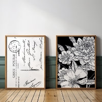 Vintage French Postcard Floral Bouquet Black