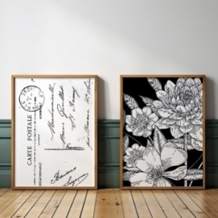 Vintage French Postcard Floral Bouquet Black