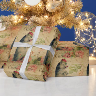 Vintage French Postcard Pig With Crown Floral  Wrapping Paper