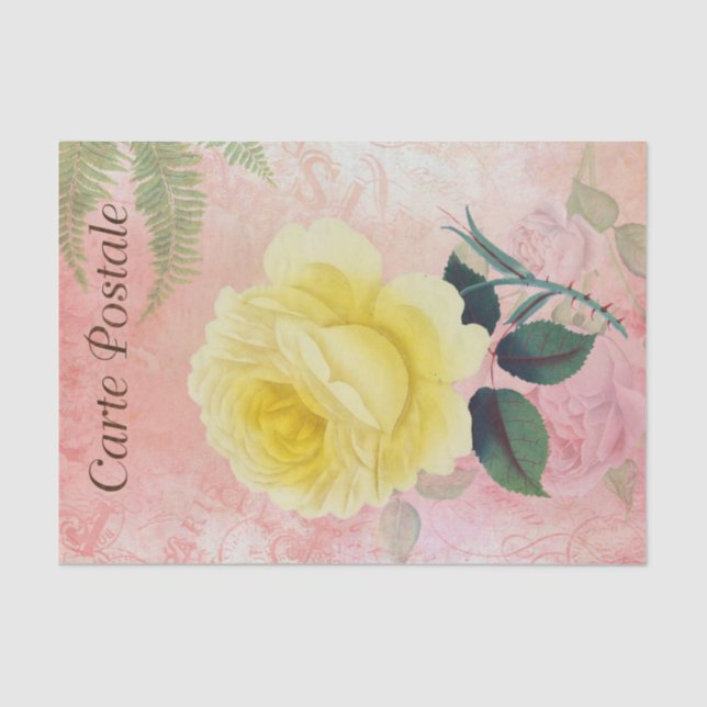 Vintage French Postcard Yellow Rose Decoupage Tissue Paper (Front)