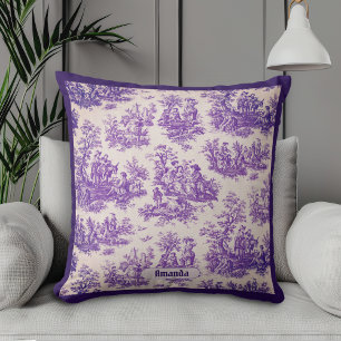 Vintage French Purple Floral Toile Monogram Cushion