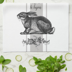 Vintage french rabbit with Grey French striped  Tea Towel
