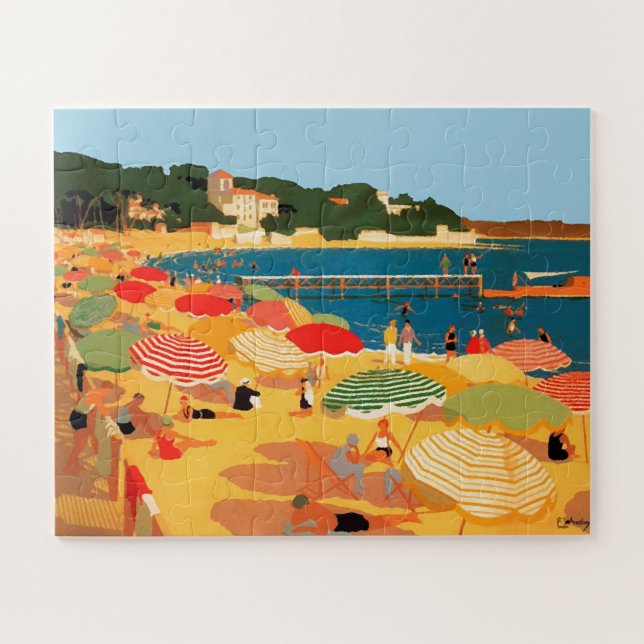 Vintage French Riviera Beach Travel Illustration Jigsaw Puzzle (Horizontal)