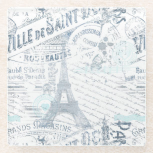 Vintage French Romance Collage Blue ID226 Glass Coaster