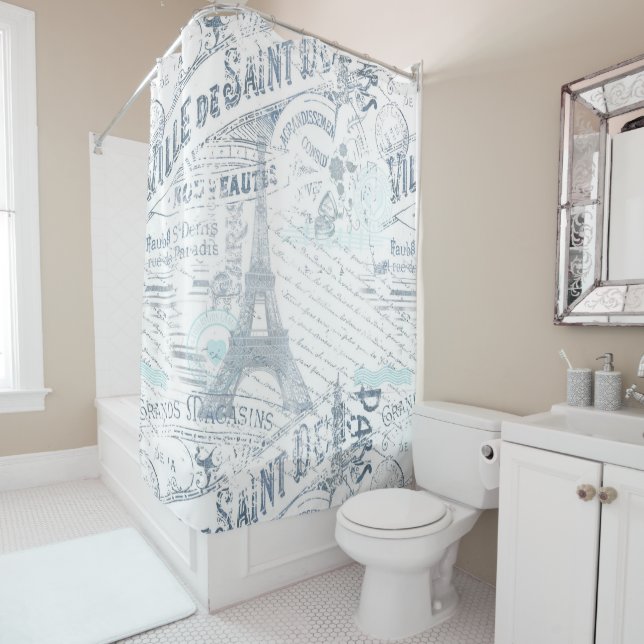 Vintage French Romance Collage Blue ID226 Shower Curtain (In Situ)