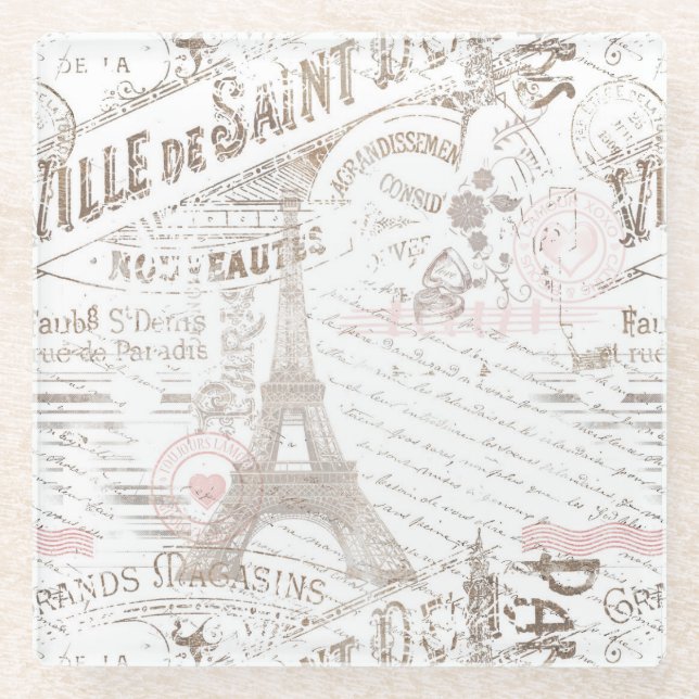 Vintage French Romance Collage Pink ID226 Glass Coaster (Front)