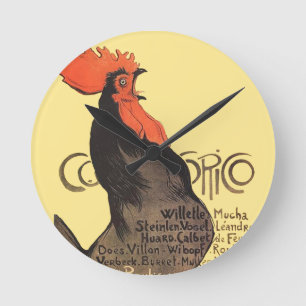 Vintage French Rooster Art Nouveau Steinlen Round Clock
