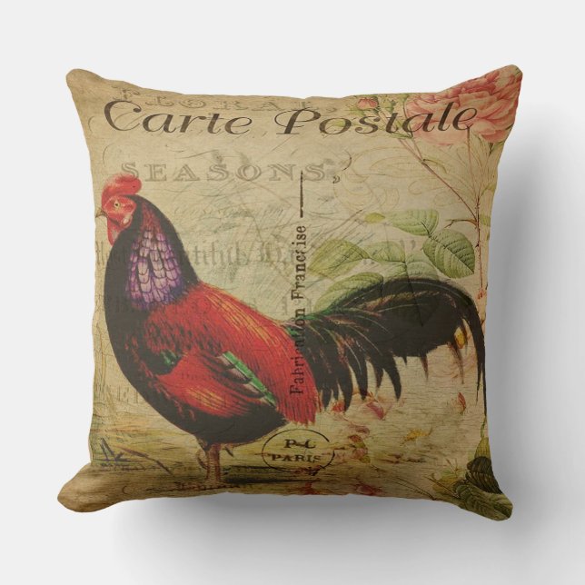 Vintage French Rooster Large Pillow/Carte Postale Cushion (Front)