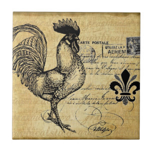 Vintage French Rooster On Burlap Tile
