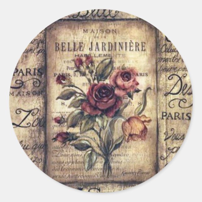 Vintage French Rose Design Classic Round Sticker (Front)