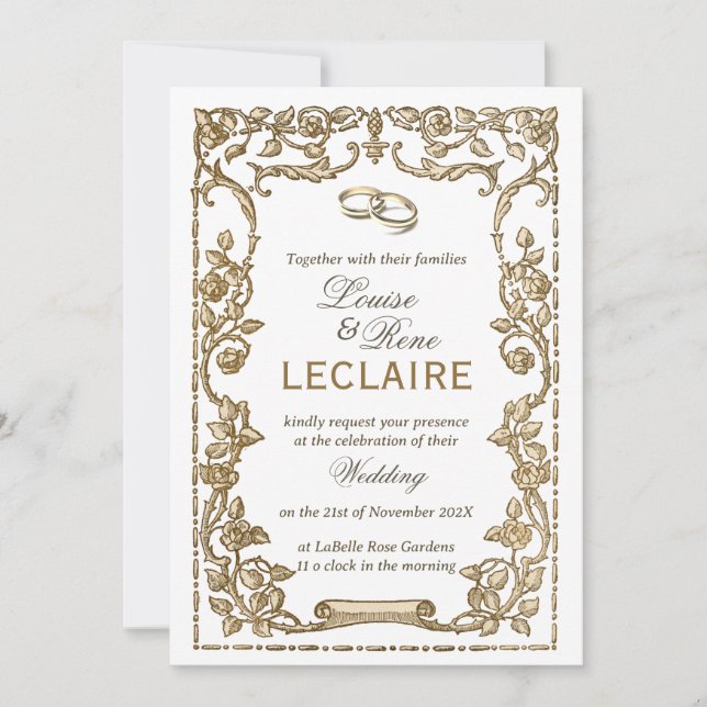 Vintage French Rose Frame Elegant Wedding Rings Invitation (Front)