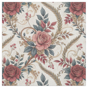 Vintage French Rose & Scrollwork Floral Pattern Fabric