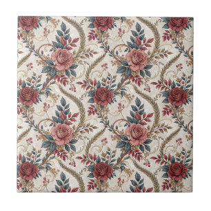 Vintage French Rose & Scrollwork Floral Pattern Tile