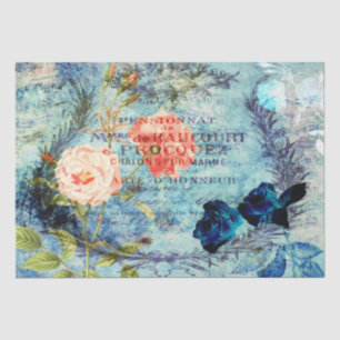 Vintage French Roses Blue Decoupage Tissue Paper