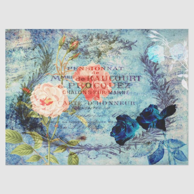 Vintage French Roses Blue Decoupage Tissue Paper (Front)