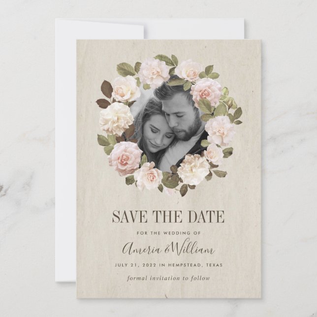 Vintage French Roses Save The Date Card (Front)