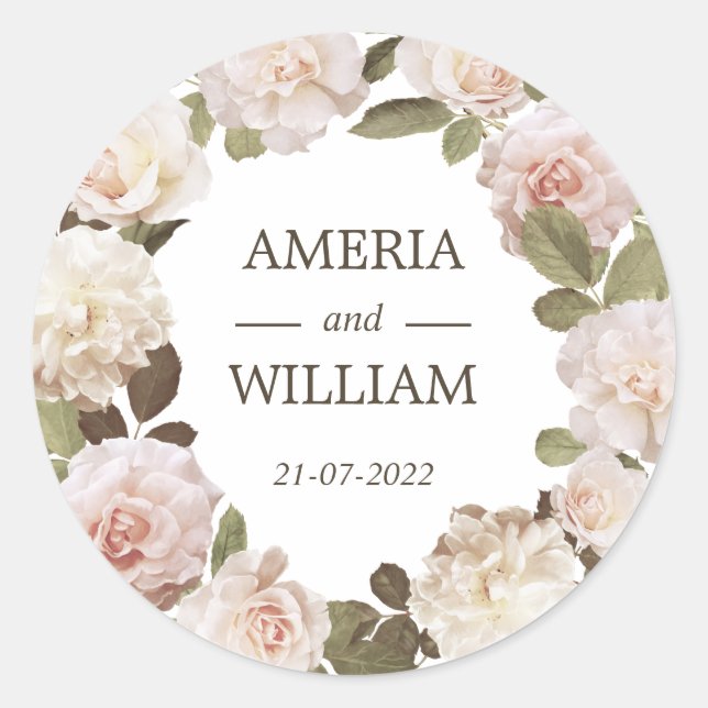 Vintage French Roses Wreath Wedding Favour Sticker (Front)