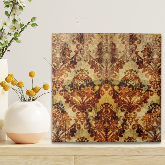 Vintage French Rustic Autumn Fall  Brown Damask Tile (Vintage French Rustic Autumn Fall Brown Damask Ceramic Tile)