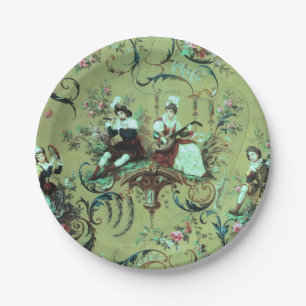 Vintage French Sage Green Toile Victorian Floral Paper Plate