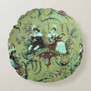 Vintage French Sage Green Toile Victorian Floral Round Cushion
