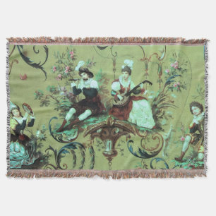 Vintage French Sage Green Toile Victorian Floral Throw Blanket