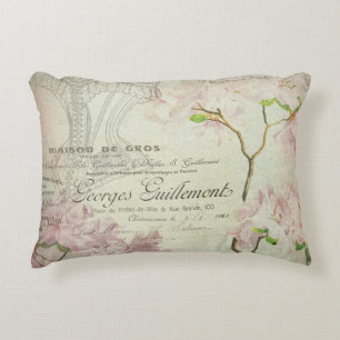 Vintage French Script Chic Pink Floral Collage Decorative Cushion
