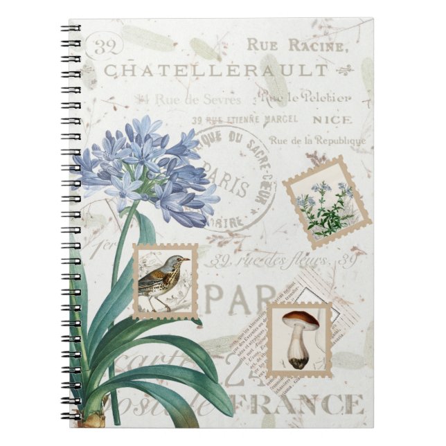 Vintage French Script Nature Flower Bird Mushroom Notebook (Front)