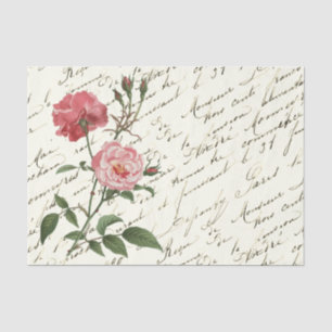 Vintage French Script Pink Roses Tissue Paper