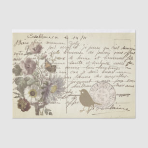 Vintage French Script Postcard with Flowers Tissue Paper