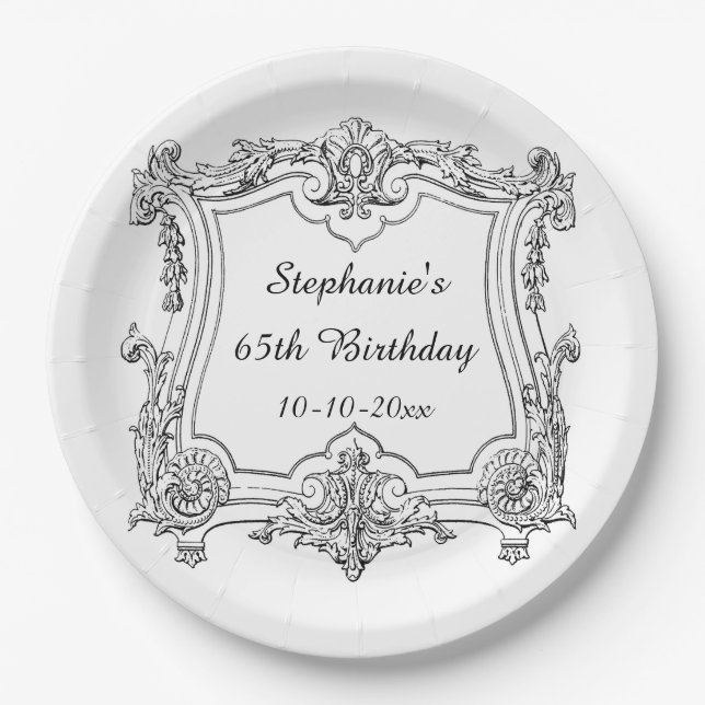 Vintage French Scroll 65th Birthday Paper Plate (Front)