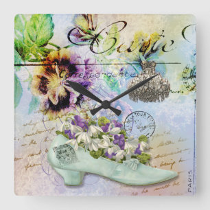 Vintage french shabby chic chandelier shoe collage square wall clock
