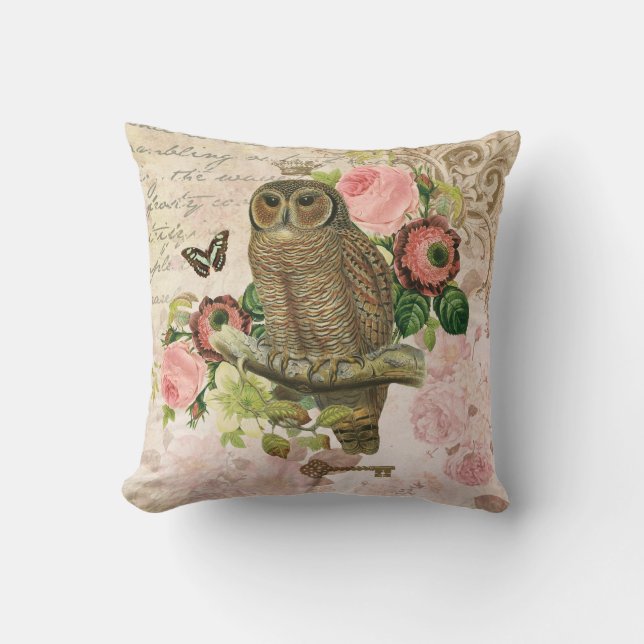 Vintage French shabby chic owl pillow (Front)