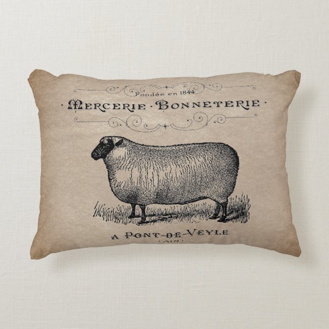 Vintage French Sheep Aged Muslin Farmhouse Rustic  Decorative Cushion (Front)