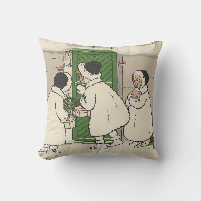Vintage French Snow Girls Christmas Cushion (Front)