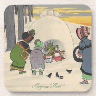Vintage French Snow Girls Christmas Joyeux Noel Coaster