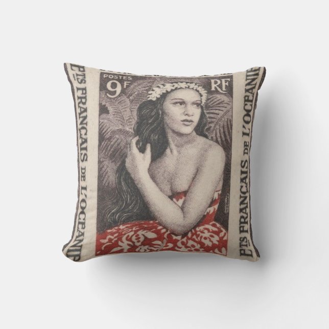 Vintage French South Pacific travel Cushion (Front)