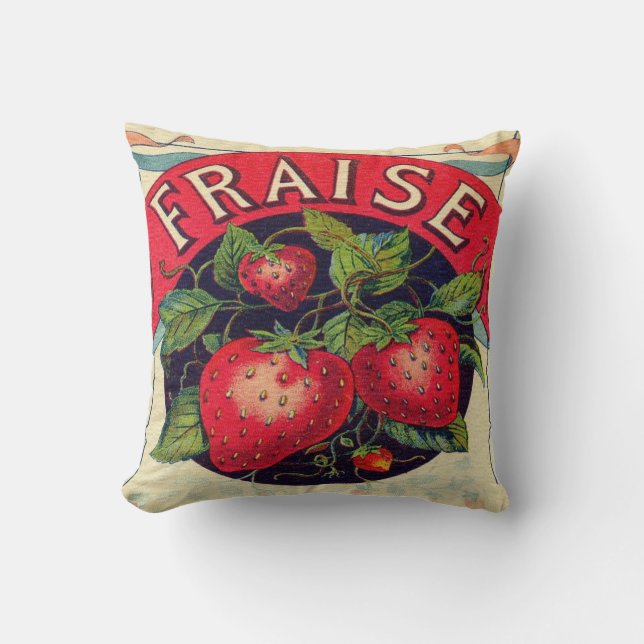 Vintage French Strawberry Sign Throw Pillow (Front)