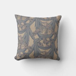 Vintage French Textile Floral Art nouveau Blue Cushion