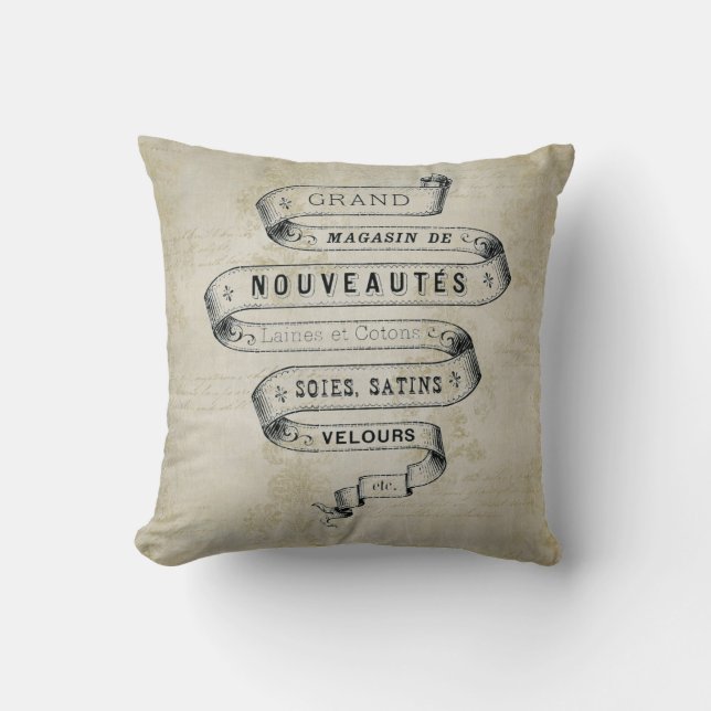 Vintage French Textile Store Ad Cushion (Front)