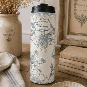 Vintage French Toile Botanical Bird Personalised Thermal Tumbler