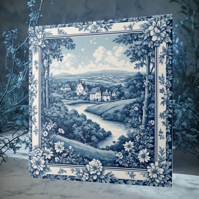 Vintage French Toile Countryside Blue Rustic Farm Tile (Vintage French Toile Countryside Blue Rustic Farm Ceramic Tile)